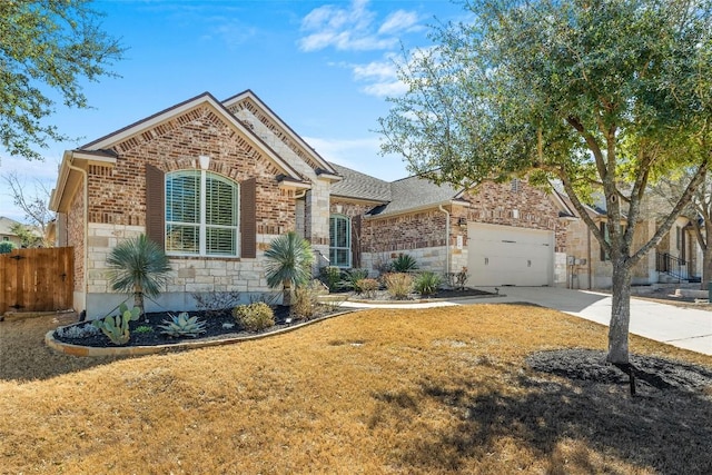 ranch-style house with a garage, brick siding, fence, concrete driveway, and stone siding