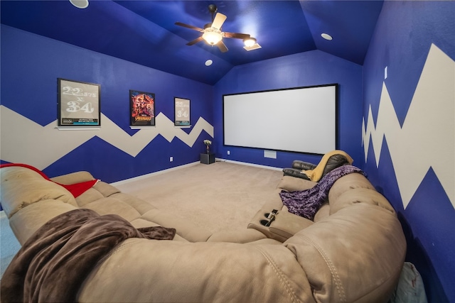 cinema featuring vaulted ceiling, carpet floors, ceiling fan, and baseboards