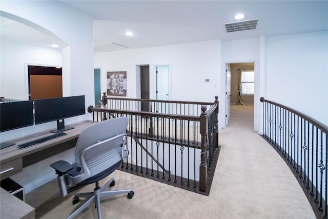 office featuring visible vents, carpet flooring, and recessed lighting