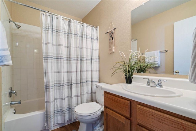 bathroom featuring wood finished floors, vanity, toilet, and shower / bathtub combination with curtain