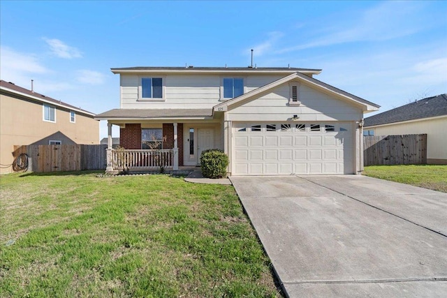 traditional home with an attached garage, a front lawn, fence, and a porch