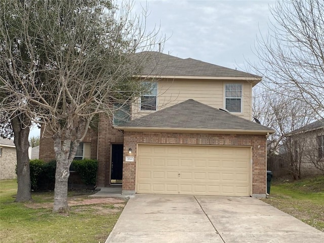 traditional-style house featuring a garage, brick siding, driveway, roof with shingles, and a front lawn