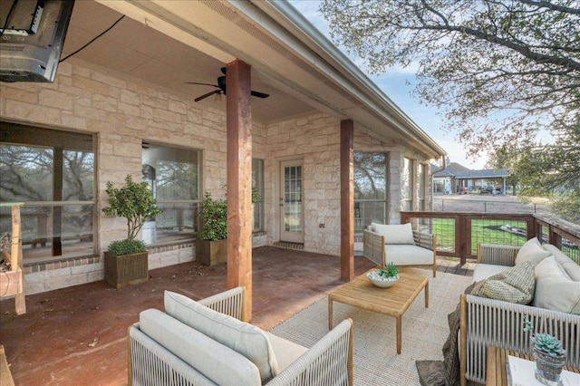 exterior space with ceiling fan and outdoor lounge area