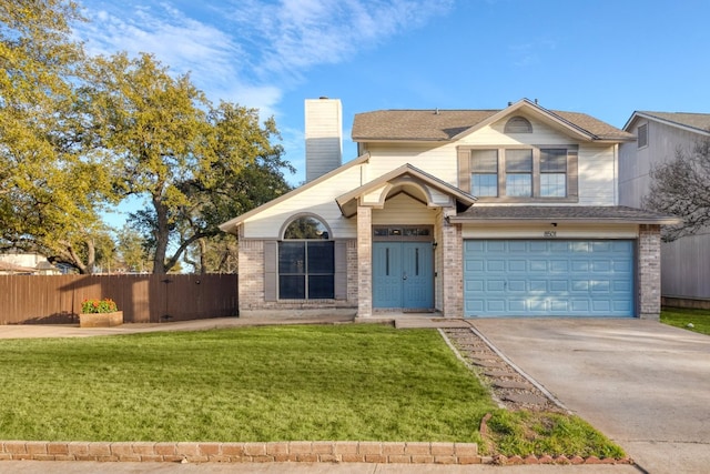 view of front of house featuring a chimney, fence, concrete driveway, and brick siding