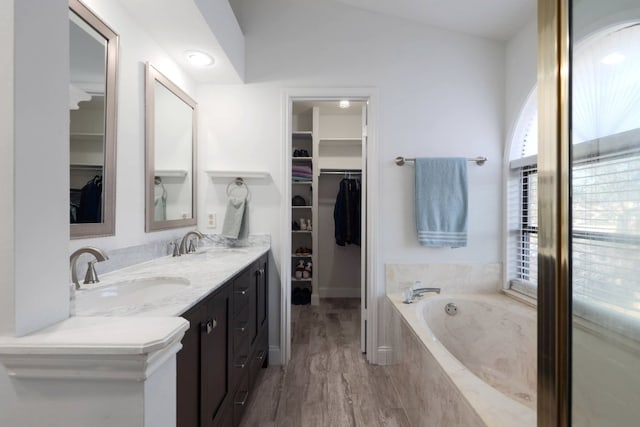 full bathroom featuring lofted ceiling, a walk in closet, and a sink