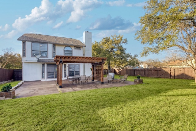 rear view of house featuring a patio, a fenced backyard, a lawn, a pergola, and a chimney