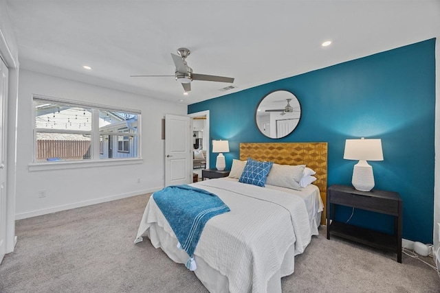 carpeted bedroom with baseboards, visible vents, ceiling fan, and recessed lighting