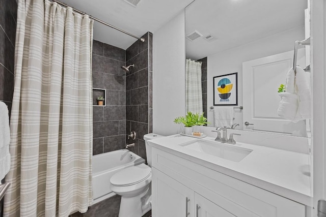 full bath with shower / bathtub combination with curtain, visible vents, vanity, and toilet