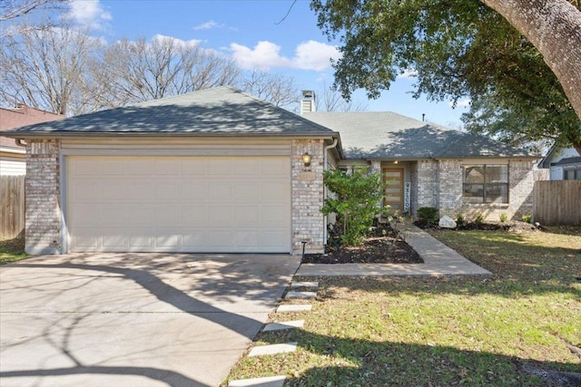 view of front of home with a garage, a shingled roof, fence, and concrete driveway