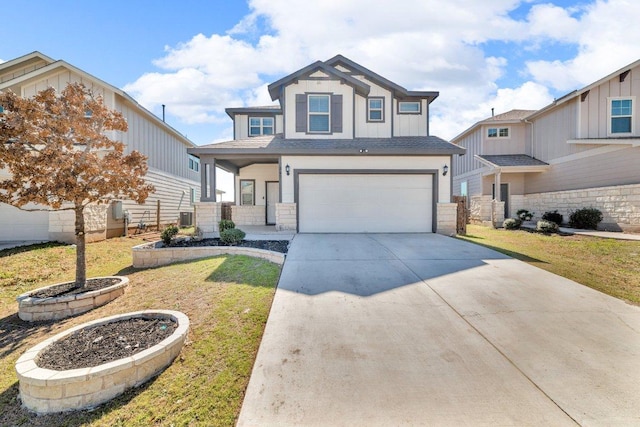 view of front of property featuring a garage, covered porch, driveway, a front lawn, and board and batten siding