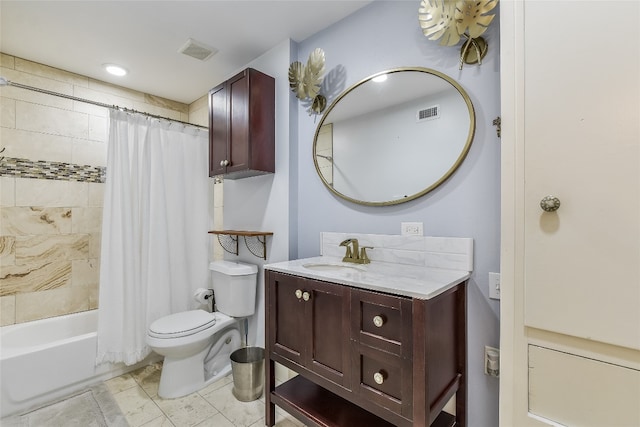 full bathroom featuring toilet, visible vents, shower / tub combo with curtain, and vanity