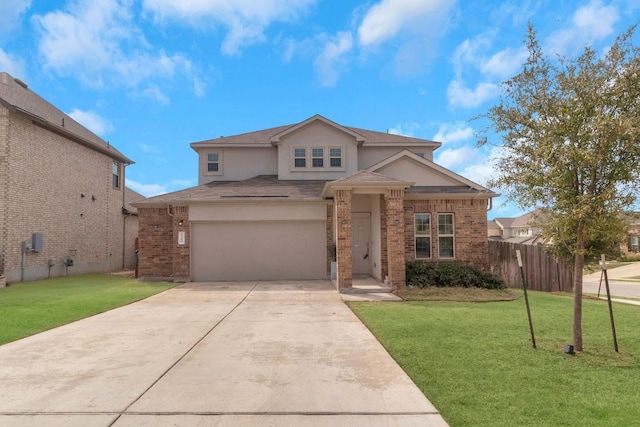 traditional-style home featuring an attached garage, fence, a front lawn, and brick siding