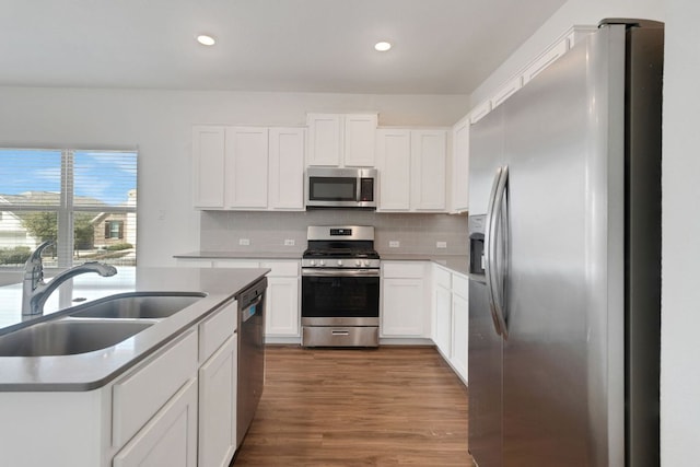 kitchen featuring tasteful backsplash, wood finished floors, stainless steel appliances, white cabinetry, and a sink