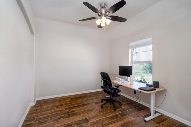 office with ceiling fan, wood finish floors, and baseboards