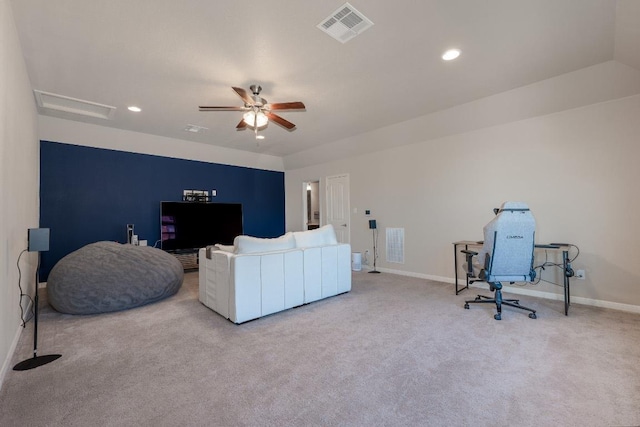 living room featuring baseboards, visible vents, carpet flooring, and recessed lighting