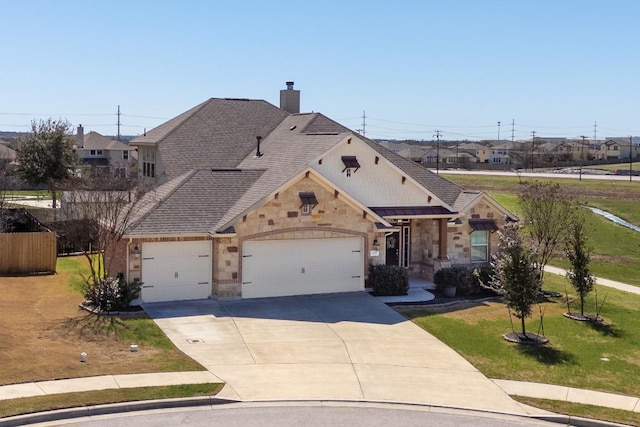 french provincial home featuring driveway, a garage, stone siding, roof with shingles, and a front yard