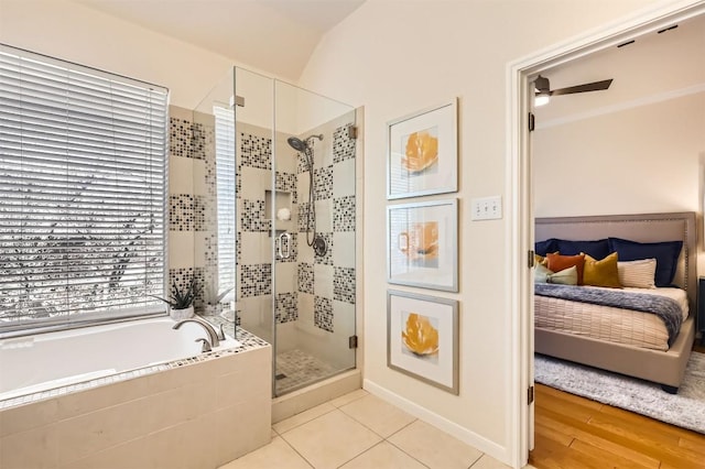 full bath with a garden tub, a shower stall, connected bathroom, and tile patterned floors