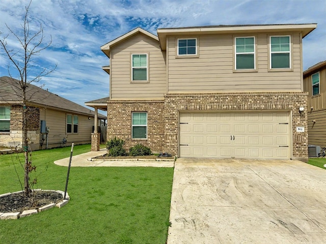 view of front of home featuring a garage, brick siding, concrete driveway, cooling unit, and a front yard