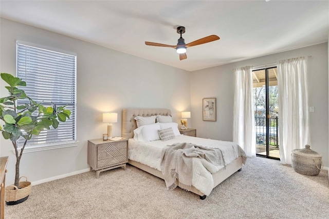 bedroom featuring a ceiling fan, access to outside, light carpet, and baseboards