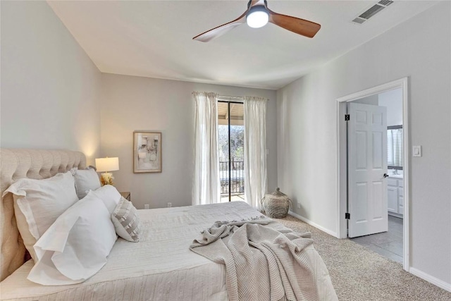 carpeted bedroom featuring access to exterior, baseboards, visible vents, and ceiling fan