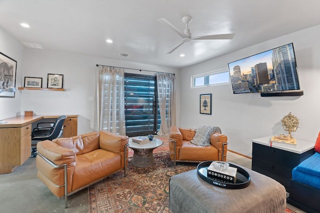 living area featuring a ceiling fan, recessed lighting, and visible vents