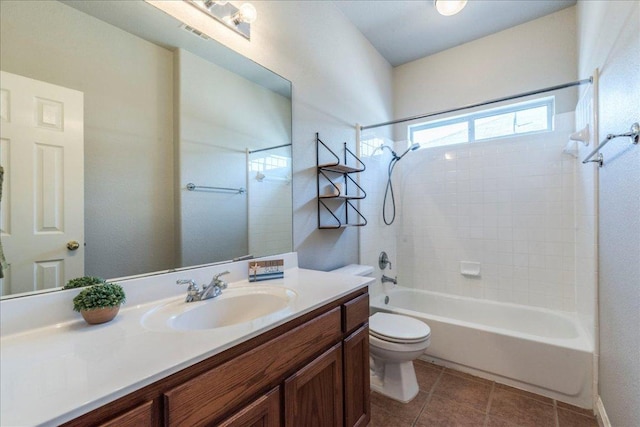 full bath with shower / bath combination, visible vents, toilet, tile patterned floors, and vanity