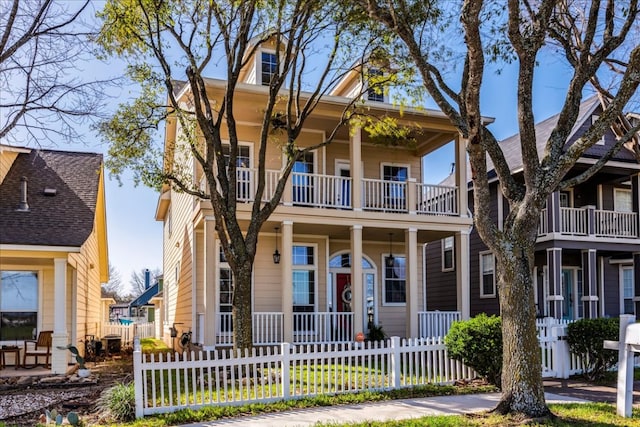 view of front of house with a balcony, a fenced front yard, and a porch