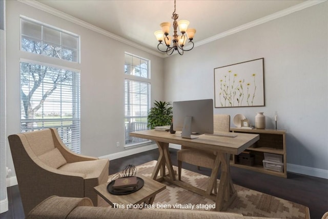 office with baseboards, ornamental molding, wood finished floors, and a notable chandelier