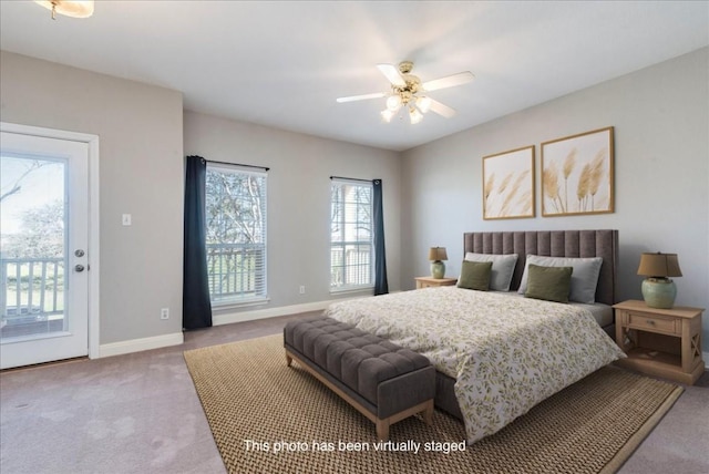 bedroom featuring carpet floors, access to outside, baseboards, and ceiling fan