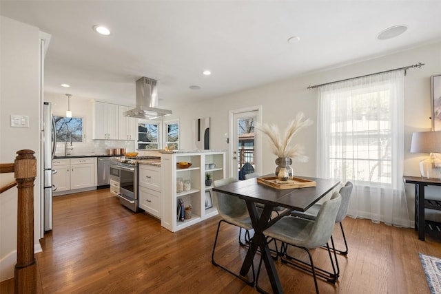 kitchen with island range hood, dark wood-type flooring, stainless steel appliances, white cabinetry, and open shelves