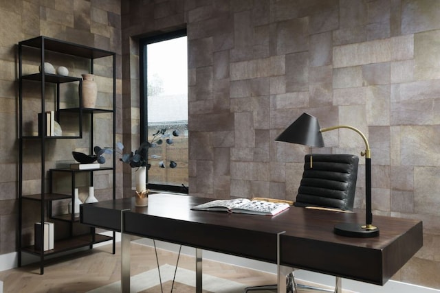 office area featuring tile walls