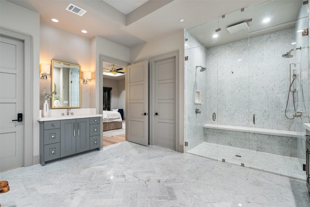 7225 Davenport Divide Rd, Austin, TX 78738 - ensuite bathroom featuring a shower stall, a ceiling fan, vanity, and recessed lighting