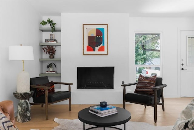 living area with a fireplace and light wood-style floors