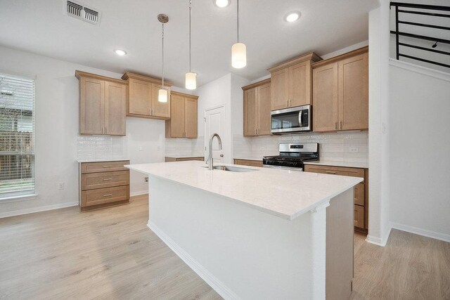 13224 Ditka Dr, Austin, TX 78652 - kitchen with stainless steel appliances, a sink, tasteful backsplash, light wood-type flooring, and an island with sink
