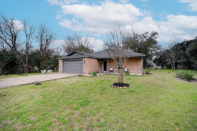 ranch-style house with a front yard, brick siding, driveway, and an attached garage