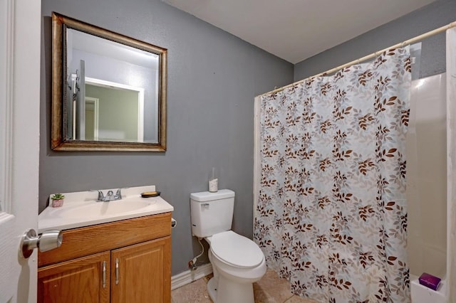 full bath featuring toilet, tile patterned flooring, a shower with shower curtain, and vanity