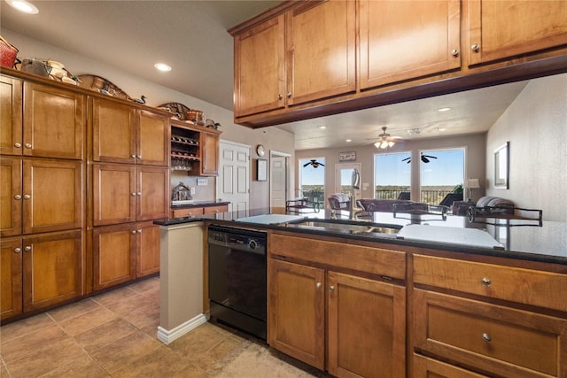 130 Sobrante Rd Unit 309, Belton, TX 76513 - kitchen featuring dishwasher, brown cabinetry, recessed lighting, a ceiling fan, and light tile patterned flooring
