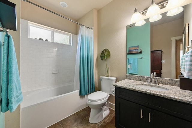 bathroom featuring toilet, tile patterned floors, shower / tub combo with curtain, and vanity