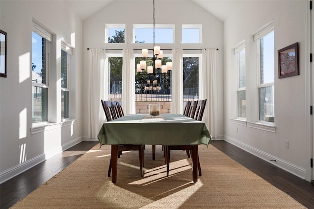 dining area with dark wood-type flooring, a healthy amount of sunlight, and a notable chandelier