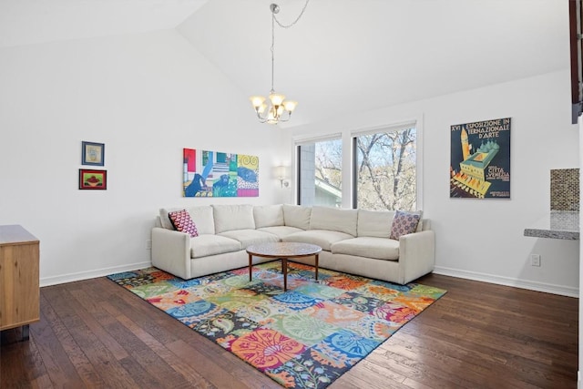 living room featuring baseboards, high vaulted ceiling, dark wood-type flooring, and an inviting chandelier