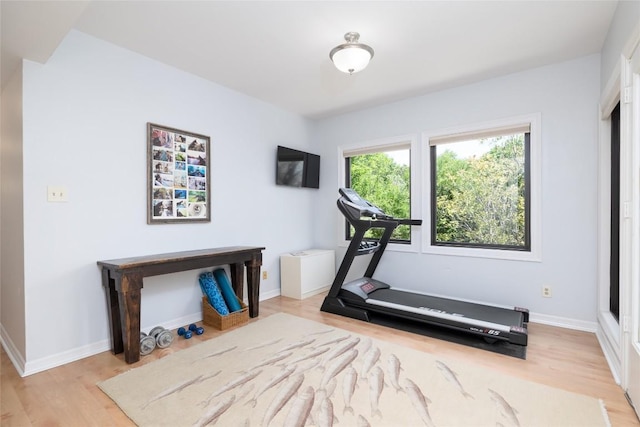 workout area featuring baseboards and wood finished floors