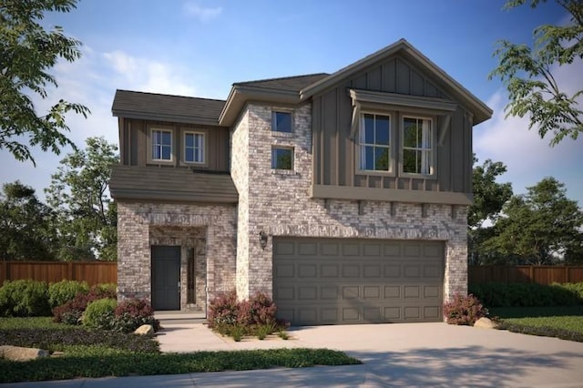 view of front facade featuring board and batten siding, brick siding, fence, and a garage