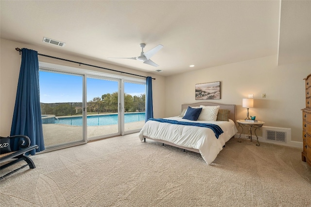 bedroom with carpet, access to outside, visible vents, and ceiling fan