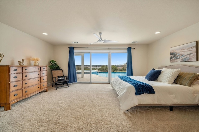 bedroom featuring visible vents, a ceiling fan, light colored carpet, access to outside, and recessed lighting