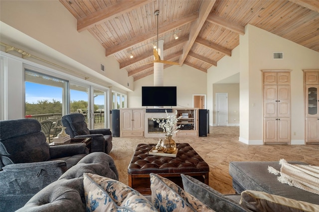 living room featuring beam ceiling, visible vents, high vaulted ceiling, wooden ceiling, and baseboards