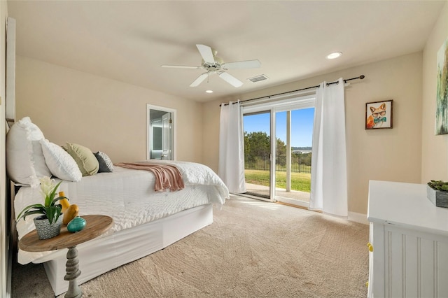 bedroom featuring access to exterior, carpet, recessed lighting, a ceiling fan, and baseboards