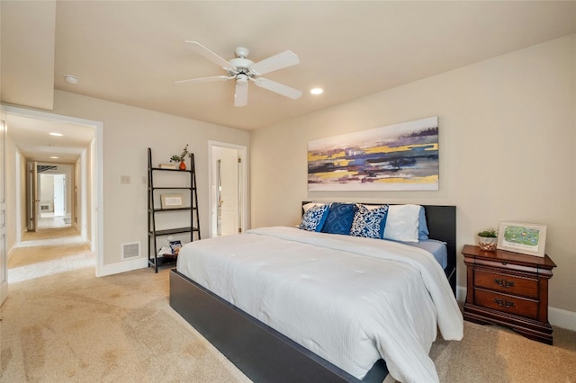 bedroom featuring recessed lighting, carpet, visible vents, and baseboards