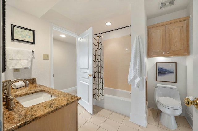 full bathroom featuring visible vents, vanity, toilet, and tile patterned floors