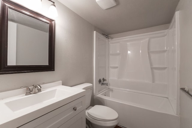 full bath featuring visible vents,  shower combination, vanity, and toilet