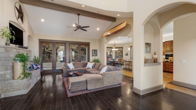 living area with baseboards, wood finished floors, high vaulted ceiling, beam ceiling, and recessed lighting